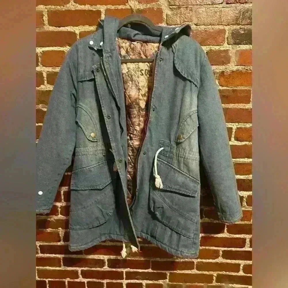Denim Winter Jacket with Quilted Liner and Hood - Size XL